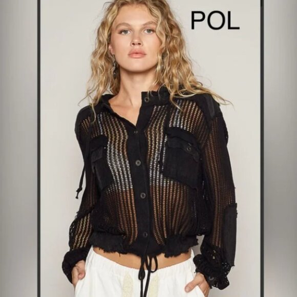 B33 NEW! POL perfection in black see through button up shacket w/tie waist-LUXE - Picture 7 of 7